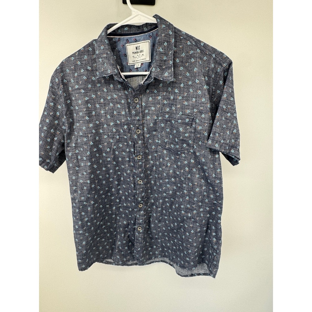 MBX Premium Goods Mens Large Blue Floral Leaf Print Short Sleeve Button Down